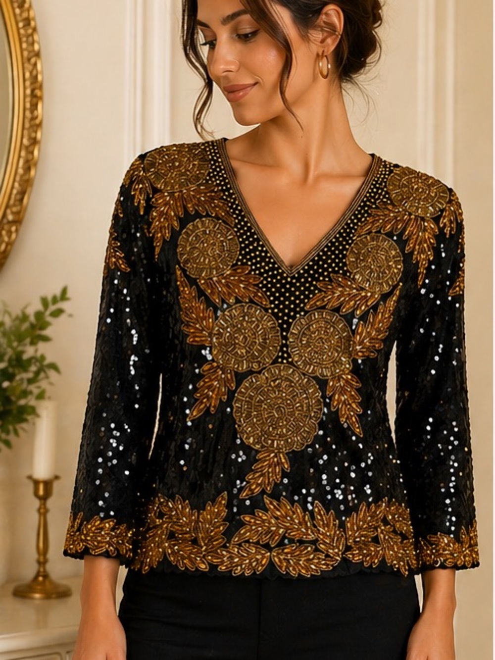 Black & Gold Embellished V-Neck Sequin Blouse